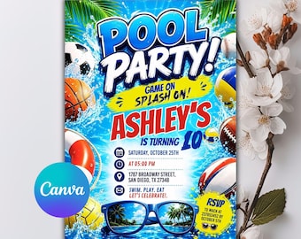 Sport Birthday Invitation, Sport Pool Party, Editable Sport party, Boy Sports Summer Birthday Invite, Editable Canva Template