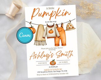 Pumpkin Baby Shower Invitation: Fall Theme, Editable Template (Digital Download 5x7in PDF/JPEG