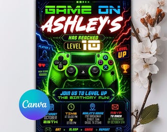 Video Game Party Invitation, Green Gamer Birthday Invitation, Level Up Birthday Invitation, Gamer Boy Template, Editable Canva Template