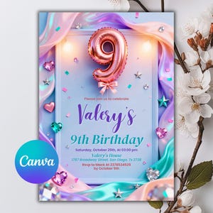 May include: A birthday invitation with a light blue background, featuring a pink number nine balloon and the text "Valery's 9th Birthday." The design includes decorative ribbons, gems, and the Canva logo.