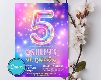 Rainbow 5th Birthday Invitation: Girl Party Invite (Digital Download)