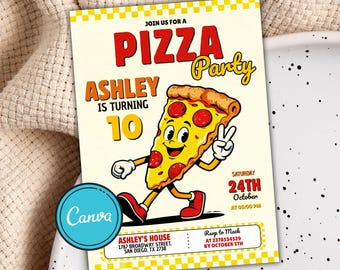 Retro Pizza Party Invitation, Pizza Making Birthday Invitation, Pizza Birthday Party Invite, Editable Canva Template