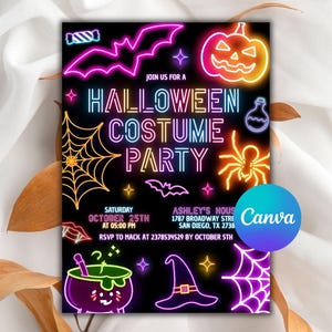 Neon Halloween Party Invite, Spooktacular Costume Party Neon Invitation, Halloween DIY Kids Cute Invite, Halloween Invitation, Digital