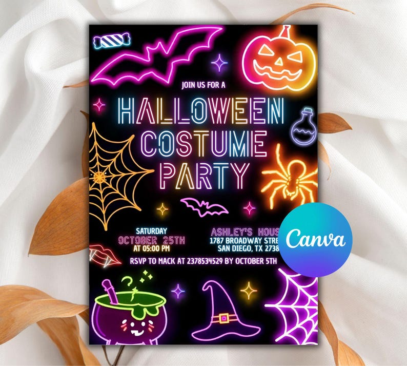 Neon Halloween Party Invite, Spooktacular Costume Party Neon Invitation, Halloween DIY Kids Cute Invite, Halloween Invitation, Digital