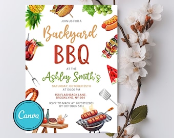 Plantilla editable de invitación de cumpleaños para barbacoa en el jardín (descarga digital)