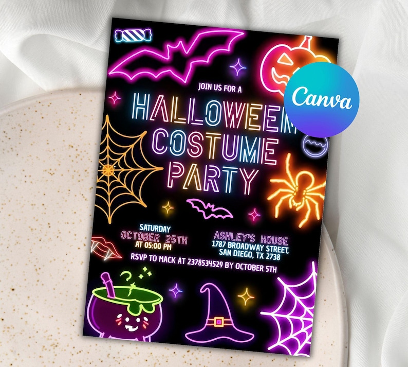 Neon Halloween Party Invite, Spooktacular Costume Party Neon Invitation, Halloween DIY Kids Cute Invite, Halloween Invitation, Digital