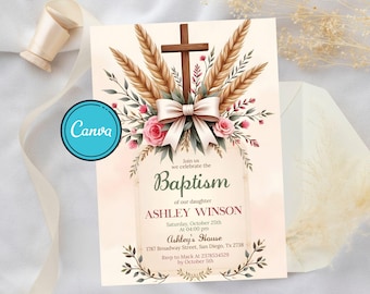 Watercolor Floral Baptism Invitation: Coquette Bow Design (Canva Template)