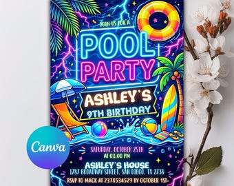 Neon Pool Birthday Invitation, Pool Party Birthday Invitation, Neon Glow Swim Invite, Swimming Pool Party Invite, Editable Canva Template