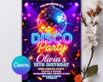 Disco Party Invitation, Neon Glow Disco Dance Party Invitation, Neon Glow Disco Party, Neon Disco Dance Party, Editable Canva Template