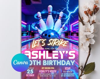 Bowling Birthday Invitation, Glow Bowling Invitation, Neon Glow Party, Boy Bowling Invite, Strike Up Some Fun, Editable Canva Template