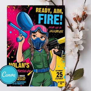 Può includere: Un invito di compleanno colorato con una ragazza dei cartoni animati che indossa una tuta mimetica e tiene una pistola a paintball. Il testo recita "Ready, Aim, Fire! Gear Up to Celebrate Nolan's Birthday".