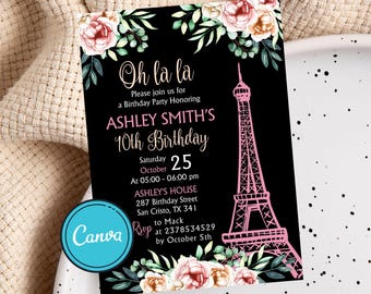 Paris Birthday Invitation Template, Paris Birthday Party Invitation, Eiffel Tower, Oh La La, Paris Theme Birthday Party