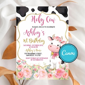 Holy Cow Girl 1e verjaardagsuitnodiging, boerenerf (bewerkbaar canvas)