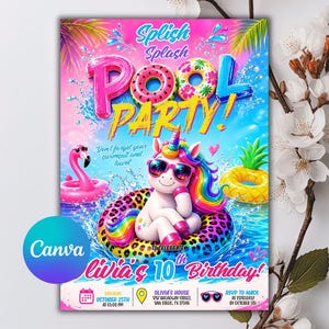 Unicorn Pool Party Invitation, Printable Girl Summer Birthday Invite, Rainbow Swim Pool Float Invitation Template, Editable Canva
