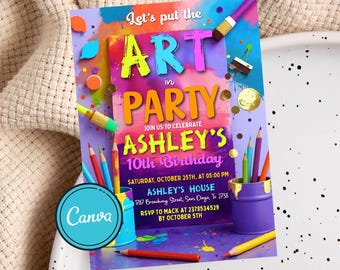 Può includere: Un colorato invito per una festa di compleanno a tema artistico. L'invito presenta il testo "ART in PARTY" in colori vivaci, insieme ai dettagli del 10° compleanno di Ashley. Sono visibili anche matite e pennelli.