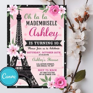 Modelo de convite de aniversário editável em Paris, convite para festa de aniversário em Paris, Torre Eiffel, Oh La La, tema de Paris, download instantâneo