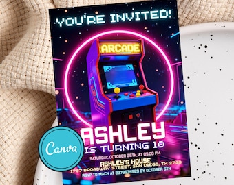 Arcade Invitation,Arcade Birthday Invitation,Arcade Party,Arcade Neon Game Invite,Instant Download,Printable,Editable,Canva Template