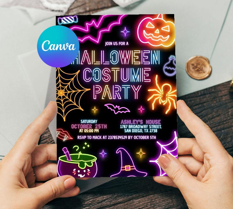 Neon Halloween Party Invite, Spooktacular Costume Party Neon Invitation, Halloween DIY Kids Cute Invite, Halloween Invitation, Digital