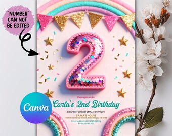 2nd Birthday Invitation Girl, Editable Rainbow Sequin Glitter Invite Printable Template for Girls Party, Girls Pink Birthday Invite
