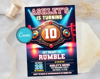 Wrestling Birthday Invitation: Championship Belt, Boxing MMA Ticket (Digital Template, Printable Card