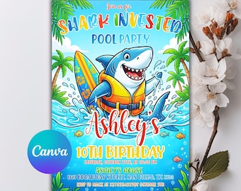 Shark Pool Party Birthday Invitation, Shark Birthday Invitation, Shark Invitation, Pool Party Invitation, Editable Canva Template