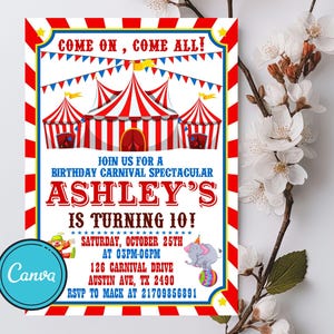 Editable Carnival Circus Invitation, Carnival Birthday Party Invitation, Circus Party Invite, Carnival Invitation, Canva Template