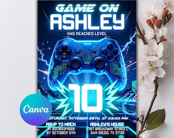 Video Game Party Invitation, Green Gamer Birthday Invitation, Level Up Birthday Invitation, Gamer Boy Template, Editable Canva Template