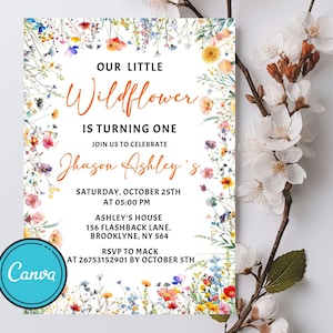 Convite floral editável para 1º aniversário, modelo de convite para festa de aniversário com flores silvestres, festa no jardim, cartão de aniversário para meninas com flores silvestres