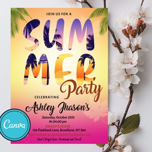 Invitación a fiesta de fin de verano, invitación a fiesta de verano, invitaciones de verano, Canva