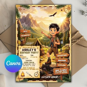 Puede incluir: Una tarjeta de invitación de cumpleaños con un explorador de dibujos animados de pie sobre una roca con mochila, tienda de campaña y montañas de fondo. El texto incluye 'Ashley's Birthday Party', 'Let's Celebrate', 'Adventure', 'Discover' y 'Explore'.