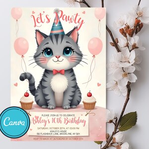 Editable Cat Birthday Invitation, Cat Theme Birthday Invitation, Are You Kitten Me Birthday, Paw-ty Birthday Invite, Rainbow, Digital