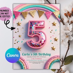 Invitación de quinto cumpleaños para niña, plantilla imprimible editable con lentejuelas de arcoíris y purpurina para fiesta de niñas, invitación de cumpleaños rosa para niñas