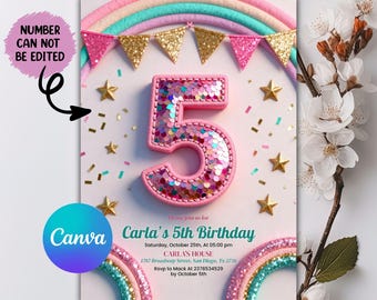 5th Birthday Invitation Girl, Editable Rainbow Sequin Glitter Invite Printable Template for Girls Party, Girls Pink Birthday Invite