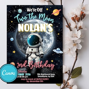 Two The Moon verjaardagsuitnodiging, Outer Space 2e verjaardagsuitnodiging, Galaxy Blast Off afdrukbare, sjablonen digitale download