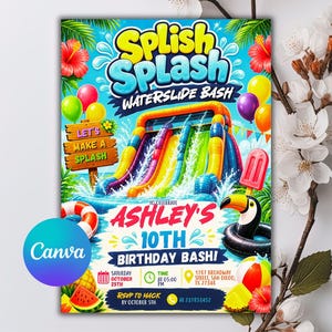 Splish Splash Water Slide Bash Birthday Invitation, Pool Party Theme Party Summer Splash Theme Party, Editable Canva Template