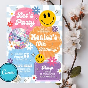 Invitación digital editable con parche preppy, invitación de cumpleaños con parche universitario retro, invitación editable con cara sonriente "Let's Party" (descargable)