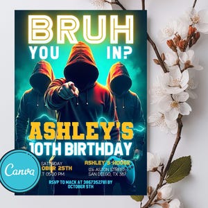 Modelo de convite de aniversário editável para bruh, convite bruh neon, bruh convite, festa bruh neon, festa de meninos adolescentes, bruh é meu aniversário