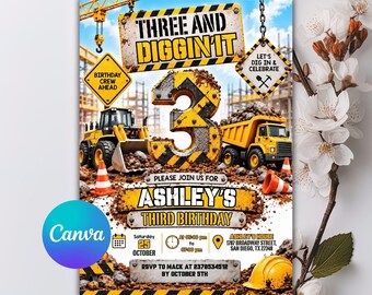 Construction Birthday Invitation, 3rd Birthday Invite, Boy Construction Party Invitation, Dump Truck Invite, Editable Canva Template