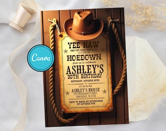 Western Hoedown Birthday Invitation, Cowboy Birthday Invite, Saddle Up And Put Your Boots On, Cowboy Digital Invite, Editable Canva Template