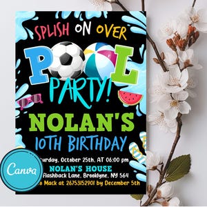 Soccer Pool Party Invitation, Boy Pool Party, Soccer and Pool Party Invite, Swimming Party, Instant Download