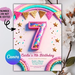 Invitación de séptimo cumpleaños para niña, plantilla imprimible con lentejuelas de arcoíris y purpurina para fiesta de niñas, invitación de cumpleaños rosa para niñas, Canva editable