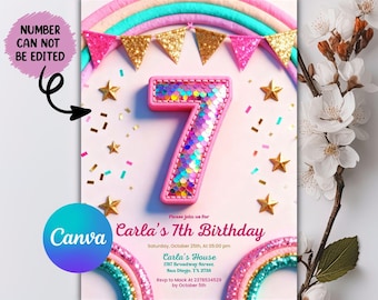 7th Birthday Invitation Girl, Rainbow Sequin Glitter Invite Printable Template for Girls Party, Girls Pink Birthday Invite, Editable Canva