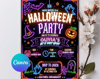 Neon Halloween Birthday Invitation, Glow Witch Cat Ghost Pumpkin Invite, Spooky Party Invite, Halloween Birthday, Editable Canva