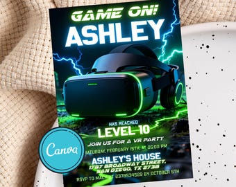 Glow VR Birthday Invitation: Video Game Party, Editable Canva Template, Digital Download