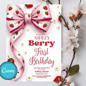 Berry First Birthday Invitation Template, Strawberry 1st Birthday Invite, Girls 1st Birthday Invitation, Printable Invite, Evite