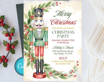 Puede incluir: Una invitación a una fiesta de Navidad con una ilustración en acuarela de un soldado cascanueces con atuendo verde y rojo. La invitación incluye el texto "Merry Christmas" y los detalles del evento, rodeados por una corona festiva.