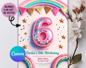 6th Birthday Invitation Girl, Rainbow Sequin Glitter Invite for Girls Party, Girls Pink Birthday Invite, Editable Canva Template