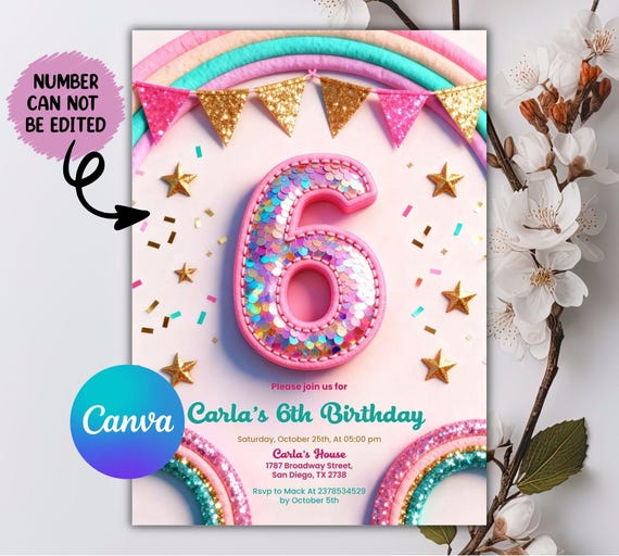 6th Birthday Invitation Girl, Rainbow Sequin Glitter Invite for Girls Party, Girls Pink Birthday Invite, Editable Canva Template