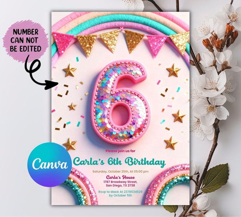 Puede incluir: Una tarjeta de invitaci&oacute;n de cumplea&ntilde;os con un gran n&uacute;mero 6 rosa relleno de lentejuelas iridiscentes, rodeado de estrellas doradas, confeti y arcos de arco&iacute;ris. El texto incluye: Please join us for Carla's 6th Birthday, Saturday, October 25th.