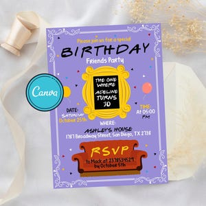 Editable Friends Birthday Invitation The One Where Friends Birthday Invitation Friends Theme Birthday Invite Purple CANVA Template